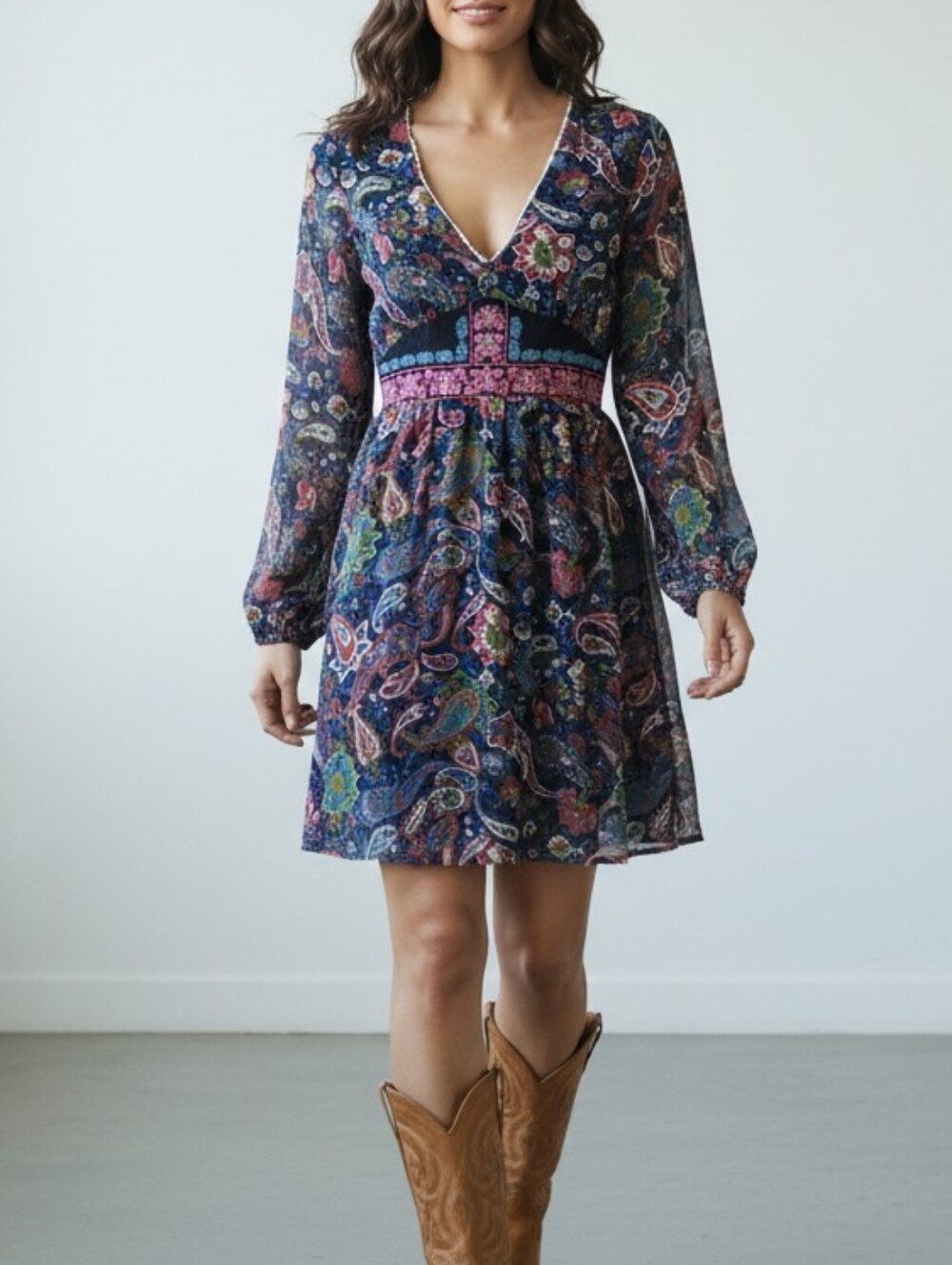 Boho-Chic Navy Paisley V-Neck Mini Dress with Pink Embroidered Waistband Sheer